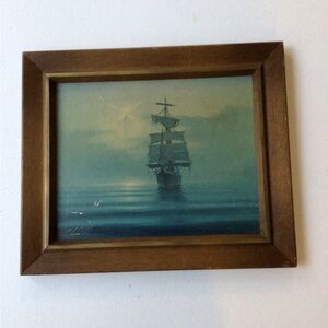 Sailing Ship Art in Blue and Brown Frame